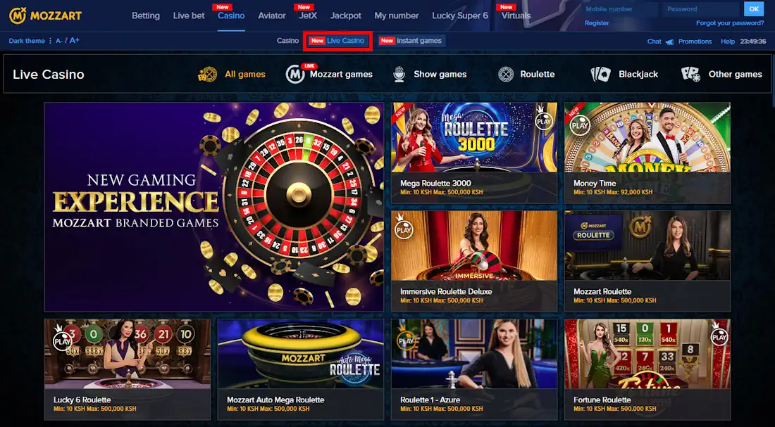 MozzartBet Kenya Live Casino Games Screenshot